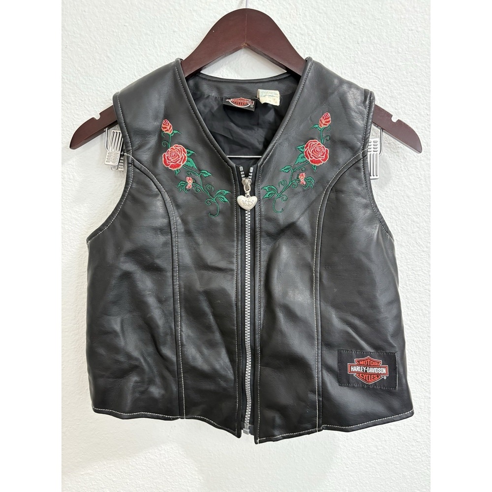 Vintage Harley Davidson Leather Look Vest Size Girls Medium 10/12 Adult Small